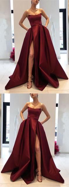 Burgundy Prom Dresses Strapless Bodice Corset Long Evening Gowns With Leg Split M2865 Prom Dresses Strapless, Burgundy Prom Dresses, Burgundy Prom, Evening Dress Long, Strapless Prom Dresses, Kampot, Leg Split, Burgundy Prom Dress