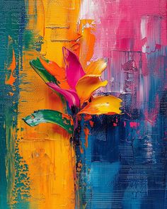 an abstract painting with yellow and pink flowers