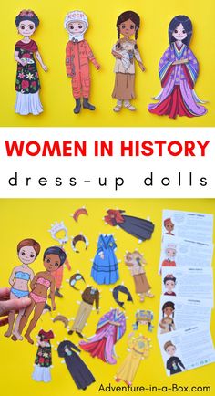 an image of women in history paper dolls on a yellow background with the words, women in history dress - up dolls