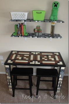 a table with two stools and a shelf above it that has books on it