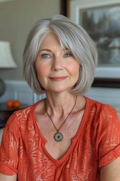 Med Grey Hair Over 50, Short Bob Grey Hair Over 50, Grey Bob Hairstyles Over 50 With Fringe, Gray Bob Hairstyles, Classic Bob Haircut Older Women Over 50, Diane Keaton Grey Hair, 90s Short Bob, Straight Bobs