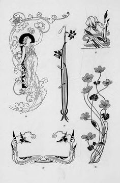 some art nouveau designs are shown in black and white