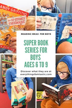 children reading books with the title reading ideas for boys super book series for boys ages 6 to 9