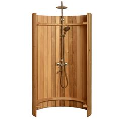 a wooden shower stall with a cross handle