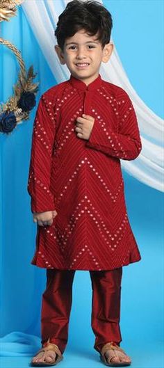 Red and Maroon color Boys Kurta Pyjama in Georgette fabric with Embroidered, Resham, Thread work Resham Work, Boys Kurta, Kurta Pyjama, Eid Special, Georgette Fabric, Thread Work, Maroon Color, Pajamas, Thread