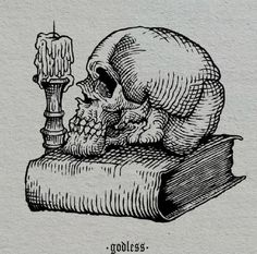 a black and white drawing of a skull on top of a book with a candle