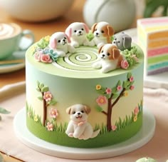 there is a cake decorated with dogs on it