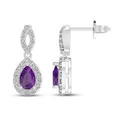 These gorgeous dangle earrings showcase a vibrant pear-shaped amethyst, perfect for celebrating a February birthday. White lab-created sapphires shimmer on the sterling silver setting for mesmerizing sparkle. The earrings secure with friction backs. Purple And Silver Earrings, Formal Teardrop Gemstone Earrings, Formal Teardrop Pendant Gemstone Earrings, Purple Teardrop Drop Earrings For Formal Occasions, Purple Drop Teardrop Earrings For Formal Occasions, Elegant Purple Pear Shaped Jewelry, Formal Teardrop Amethyst Earrings, Formal Amethyst Teardrop Earrings, Purple Pear-shaped Elegant Jewelry