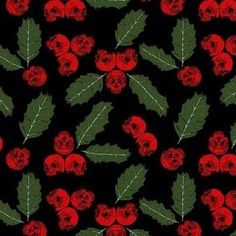 holly leaves and skulls on black background with red berries in the center, all over