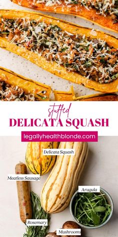 different types of food are shown on the table with text overlay that says happy delicata squash