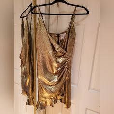 Nwt Gold Minidress With Ruffle Detail Along Bottom And Button Detail On Front. Back Zipper. Size M Button Detail, Mini Dress, Womens Dresses, Zipper, Women Shopping, Dresses, Gold, Clothes, Color