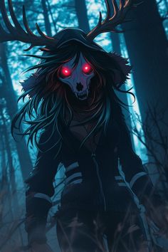 a person with long hair and red eyes walking through the woods in front of trees