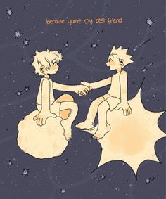 two people sitting on the ground holding hands with stars in the night sky behind them