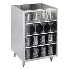 a metal shelf with glasses on it and one glass holder in the bottom half is filled with empty wine goblets