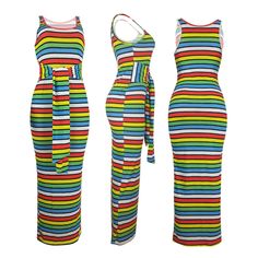 Colorful Stripes Strappy Tank Ankle-length Maxi Dress Colorful Fitted Casual Midi Dress, Fitted Multicolor Maxi Dress For Summer, Casual Multicolor Maxi Dress, Multicolor Maxi Dress With Colorful Pattern For Spring, Casual Rainbow Print Dress For Spring, Summer Multicolor Maxi Dress With Colorful Pattern, Colorful Fitted Sleeveless Maxi Dress, Multicolor Patterned Maxi Dress For Summer, Casual Fitted Multicolor Print Maxi Dress