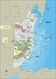 a large map of the state of belize with major cities and towns in it