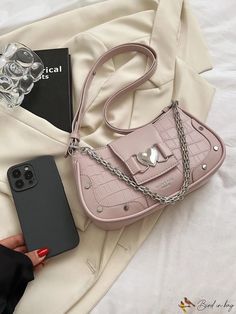 BirdinBag - Stylish Underarm Bag with Crocodile Texture and Chic Letter Print Daily Use Crocodile Pattern Shoulder Bag, Pink Crocodile Pattern Shoulder Bag For Everyday Use, Crocodile Texture, Pink Details, Chain Pattern, Details Pictures, Crocodile Pattern, Underarm Bag, Word Wrap