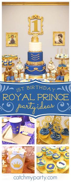 a blue and gold birthday party with cupcakes, cake, and other items