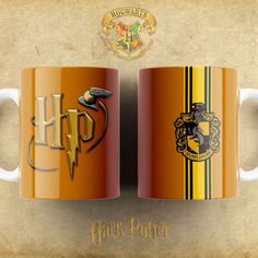 two coffee mugs with harry potter logos on them