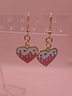 Clips On's Available by request Cute Heart Print Earrings For Valentine's Day, Kawaii Heart-shaped Earrings For Valentine's Day, Sweet Dangle Heart Earrings For Gifts, Cute Heart Print Jewelry, Sweet Heart Earrings For Valentine's Day, Pink Kawaii Heart Earrings For Valentine's Day, Kawaii Heart Earrings As A Gift, White Heart-shaped Kawaii Jewelry, Cute Heart Earrings For Valentine's Day