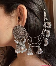 Earring Indian, Desi Aesthetics, Indian Wedding Jewelry Sets, Oxidised Silver Jewelry, Ear Chain, Traditional Outfit, Fancy Jewellery Designs, Silver Jewellery Indian