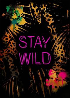 the words stay wild written in neon pink on a black background with colorful flowers and leaves