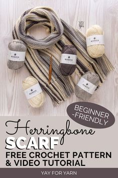 the beginner friendly scarf and crochet pattern is shown with yarn on it