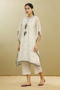 Shop for Brij White Moonga Kota Doriya Asymmetric Kaftan Tunic for Women Online at Aza Fashions