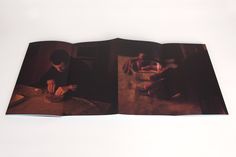 an open book with two images of a man in the process of making something out of paper