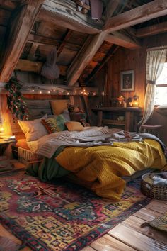 a bed in a room with wooden walls and beams on the ceiling is decorated with lights