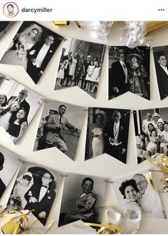 black and white photo collages hanging on a string with gold streamers next to it