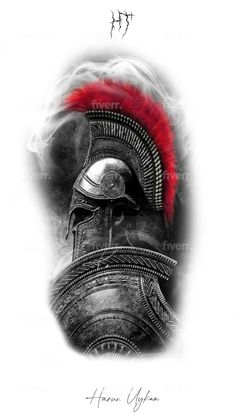 a black and white drawing of a helmet with red feathers