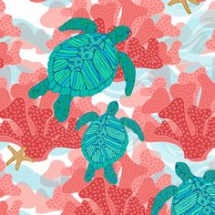 two sea turtles swimming in the ocean surrounded by corals and starfish on a pink background