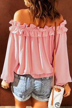 Pink Puff Sleeve Ruffled Off Shoulder Blouse Off Shoulder Puff Sleeve, Blouse With Puff Sleeves, Shoulder Puff Sleeve, Autumn Sleeve, Shoulder Stretch, Bodycon Floral Dress, Corsets And Bustiers, Pink Ruffle, Sweater Dress Midi