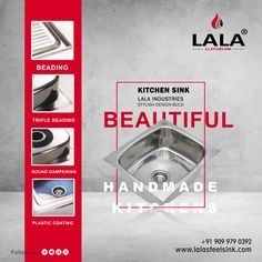 an advertisement for a kitchen sink that is stainless steel