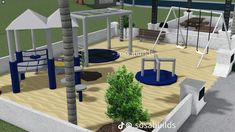 an animated rendering of a play area with swings, slides and trees in the background