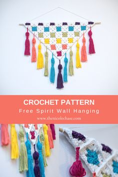 crocheted wall hanging with colorful tassels and text overlay that says free spirit wall hanging