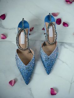 LBSFY - New Water Diamond Full Diamond Gradient Blue Baotou Sandals Women's Pointed Shallow Mouth Slim Heel Chain High Heels Bride Wedding Shoes, Diamond High Heels, Plaid Shoes, Summer High Heels, Wedding Shoes Bride, Crystal Chain, Heels Pumps, High Heel Pumps, White Silver