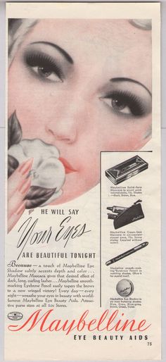 1940 Maybelline advert. Vintage beauty ad Vintage Eye Makeup, 40s Makeup, Makeup Advertisement, Makeup Poster, Maybelline Eyeshadow, Maybelline Mascara