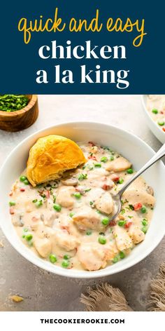 two bowls filled with chicken and gravy on top of a table