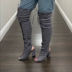 Grey Faux Suede. Open Toe. Chunky Heel. Only Been Tried On. Never Worn. True To Size. High Lace Up Boots, Chunky Heel, Soul Food, Thigh High, Over The Knee Boots, Lace Up Boots, Thigh Highs, Chunky Heels, Over The Knee