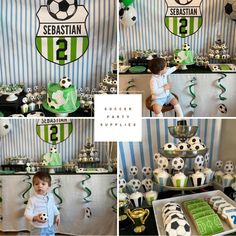 a collage of photos shows a baby boy in front of soccer themed desserts