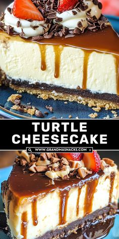 a slice of turtle cheesecake with chocolate and strawberries on top