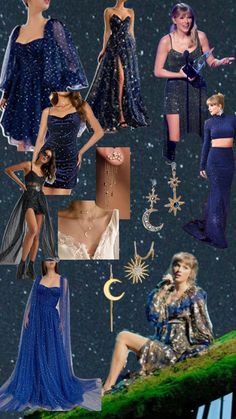 the collage shows several different images of women in evening dresses and accessories, with snow falling on them