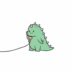 a green dinosaur is pulling a string with it's head to the side and its tail