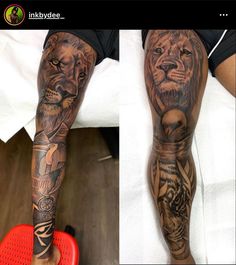 two pictures of the same person's legs with tattoos on them and one has a lion