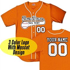 Craft your own custom fan gear with our Custom Orange Baseball Jersey, complete with White Piping. Personalize it with your team's name as a Baseball Logo, player name, and numbers for a truly unique look. This classic traditional Professional Grade full button piped jersey is made of comfortable and breathable mid weight moisture wicking stretch mesh material. Features include an authentic sewn-on braid and extra wide spacing on the front between the upper buttons to fit a large team logo, incl Collegiate Jersey With Team Colors And Name Print, Collegiate Team-colored Jersey With Name Print, Collegiate Baseball Jersey With Team-colored Name Print, Collegiate Baseball Jersey With Name Print For Game Day, Collegiate Team-colored Baseball Jersey With Name Print, Collegiate Baseball Jersey With Name Print In Team Colors, Custom Team-colored Jersey With Team Logo, Varsity Baseball Jersey With Team Name For Fans, Customizable Team-colored Jersey With Logo