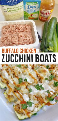 the ingredients for buffalo chicken zucchini boats are shown in this collage with text overlay