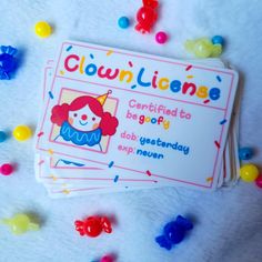 clown license card surrounded by gummy candies