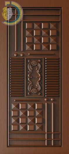 the front door is made out of wood and has decorative designs on it, including an ornamental